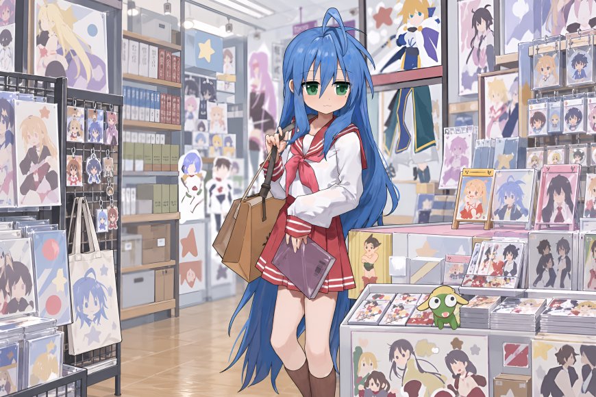 《幸运星》泉此方蓝发绿眼水手服少女店内购物动漫电脑壁纸