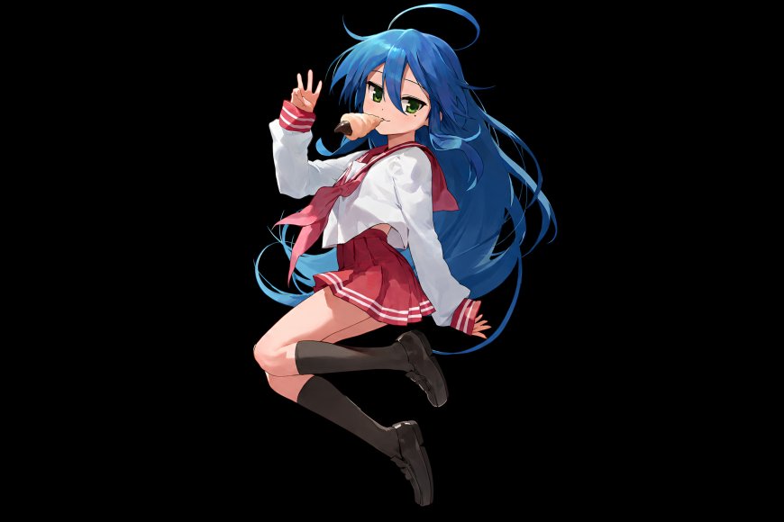 《幸运星》泉此方水手服少女跳跃吃冰淇淋蓝黑动漫电脑壁纸