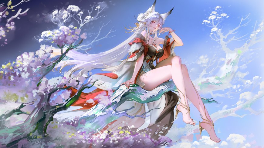 白发狐耳少女坐于花枝紫粉梦幻动漫电脑壁纸