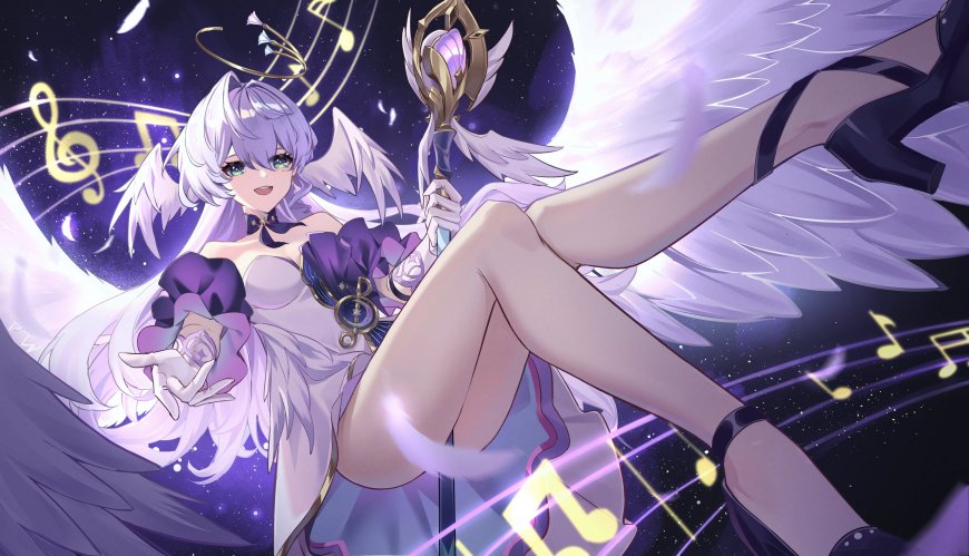 崩坏星穹铁道知更鸟白发天使持杖悬浮紫金音符动漫电脑壁纸