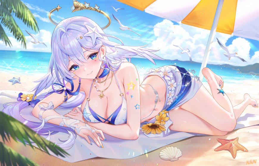 崩坏星穹铁道知更鸟海滩躺卧蓝白星饰少女动漫电脑壁纸