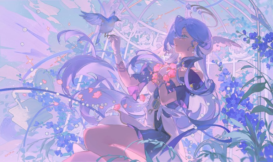 崩坏星穹铁道知更鸟蓝发少女手持花朵与青鸟共舞粉紫梦幻动漫电脑壁纸