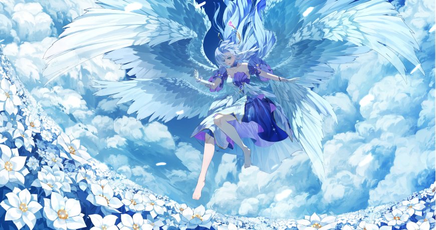 崩坏星穹铁道知更鸟蓝发天使少女展翼飞翔云海花径蓝白唯美动漫电脑壁纸