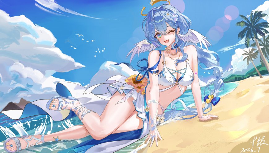 崩坏星穹铁道知更鸟蓝发天使翼海滩躺卧蓝白清新动漫电脑壁纸