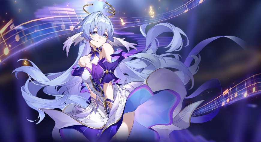 崩坏星穹铁道知更鸟蓝发紫裙少女音乐音符环绕紫蓝梦幻动漫电脑壁纸