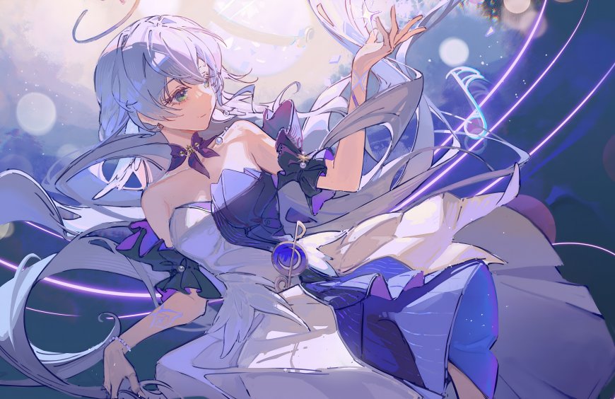 崩坏星穹铁道知更鸟银发绿眸紫白礼服飘带音符环绕蓝紫梦幻动漫电脑壁纸