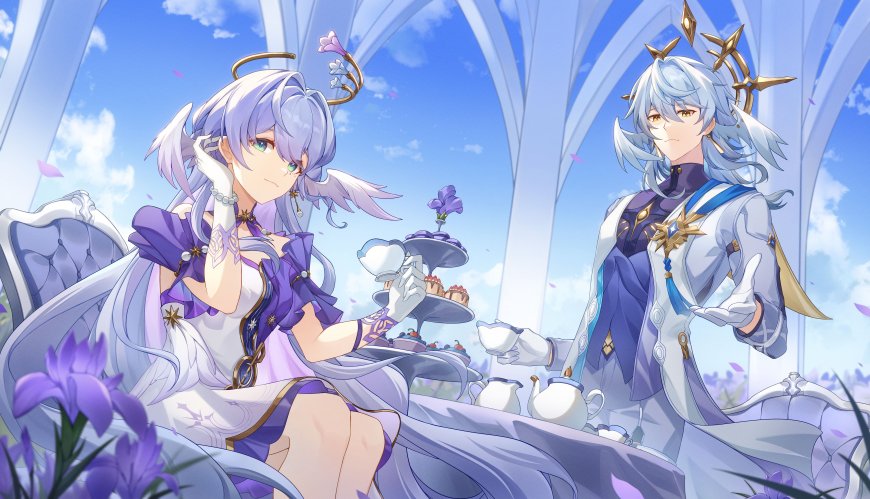 崩坏星穹铁道知更鸟与星期日紫白华服茶会场景蓝紫唯美动漫电脑壁纸
