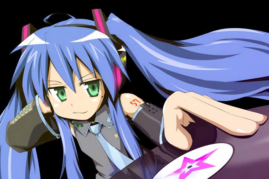 初音未来蓝发绿眼双马尾微笑手势动漫电脑壁纸