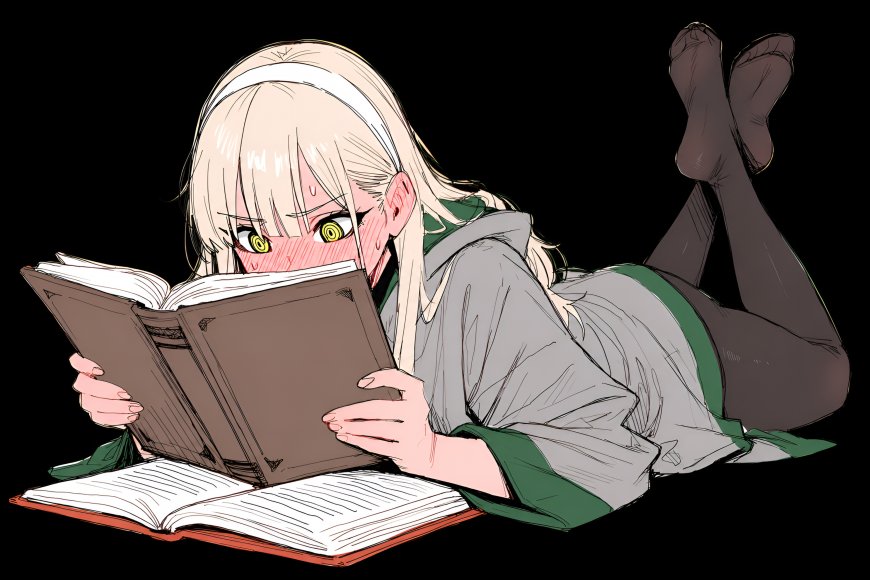 动漫角色金发黄瞳少女趴卧专注阅读灰绿校服暗黑背景动漫电脑壁纸