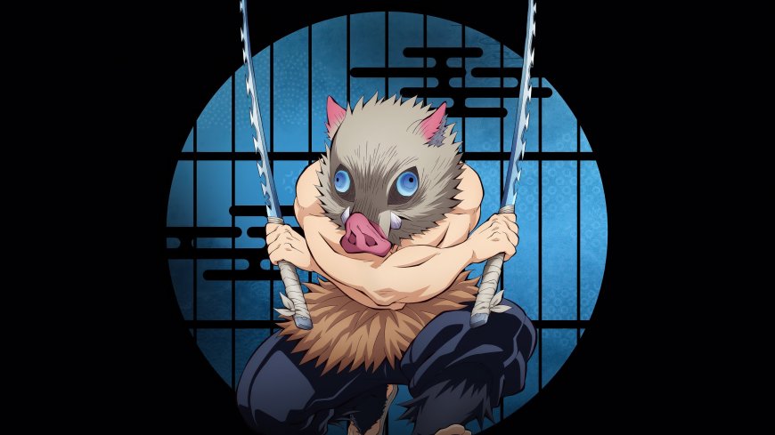 鬼灭之刃嘴平伊之助野猪头套双刀蹲姿蓝黑背景动漫电脑壁纸