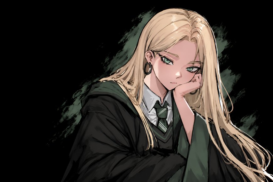 哈利波特德拉科·马尔福金发绿眼少女托腮沉思暗绿动漫电脑壁纸