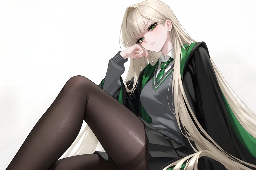 哈利波特德拉科·马尔福金发绿眼少女托腮坐姿动漫电脑壁纸