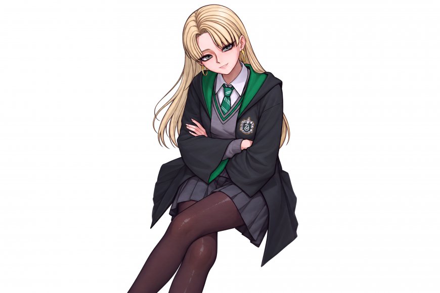 哈利波特德拉科·马尔福金发少女校服抱臂微笑动漫电脑壁纸
