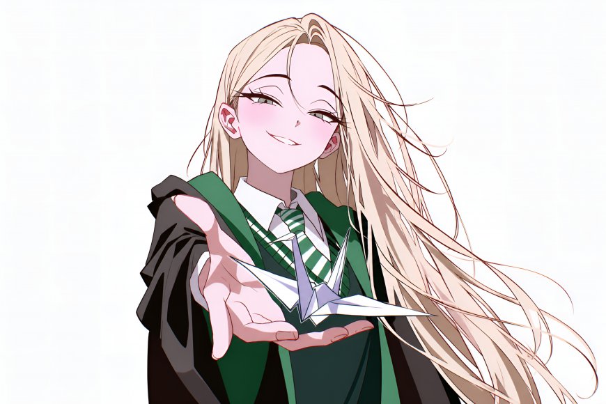 哈利波特德拉科马尔福金发少女微笑递纸鹤绿白校服动漫电脑壁纸
