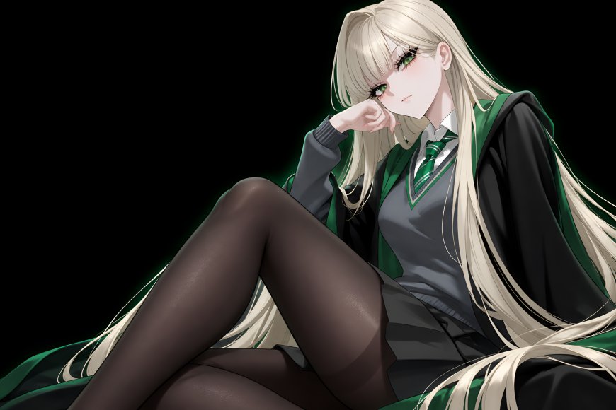 哈利波特斯德拉科·马尔福金发绿眼少女托腮沉思暗黑绿动漫电脑壁纸