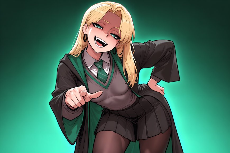 哈利波特斯德拉科·马尔福金发少女咧嘴指向前方翠绿动漫电脑壁纸