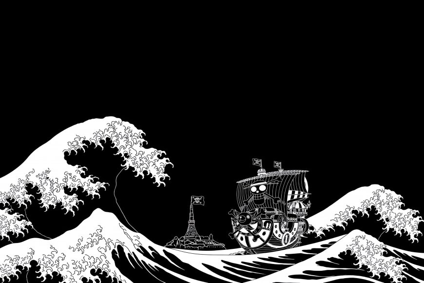 海贼王千阳号破浪航行黑白线条动漫电脑壁纸