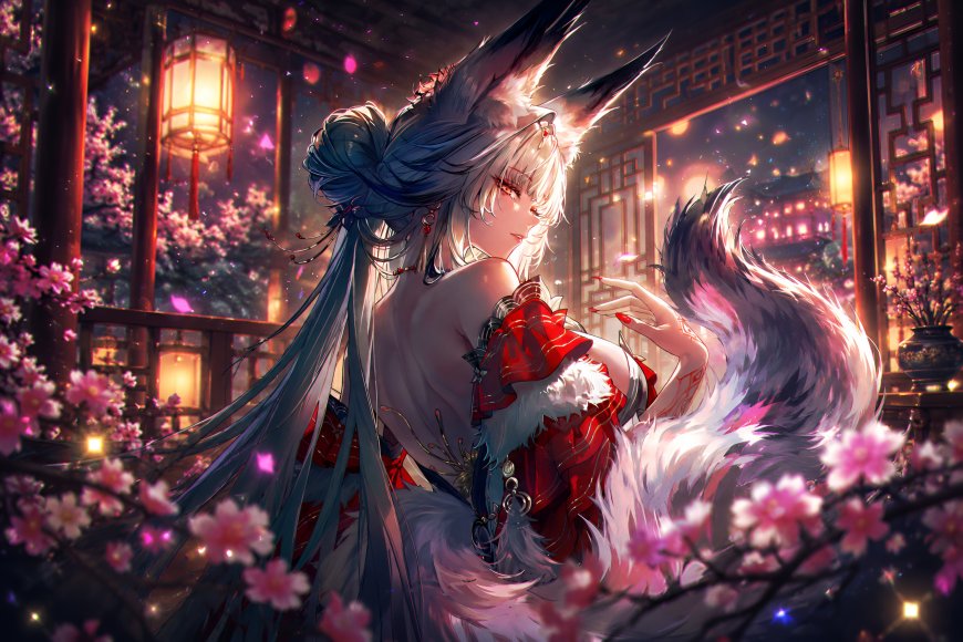 狐耳少女红裙白尾古风庭院樱花夜景粉紫动漫电脑壁纸