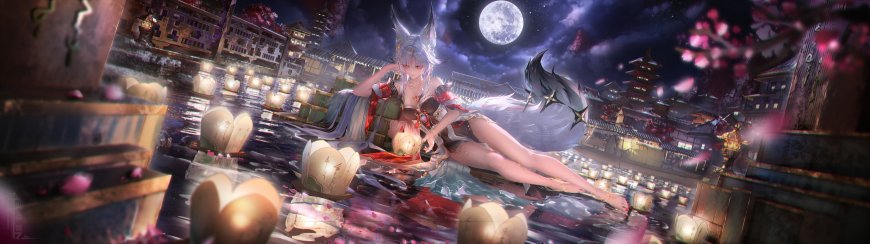 狐耳少女水边赏灯满月夜景粉紫动漫电脑壁纸