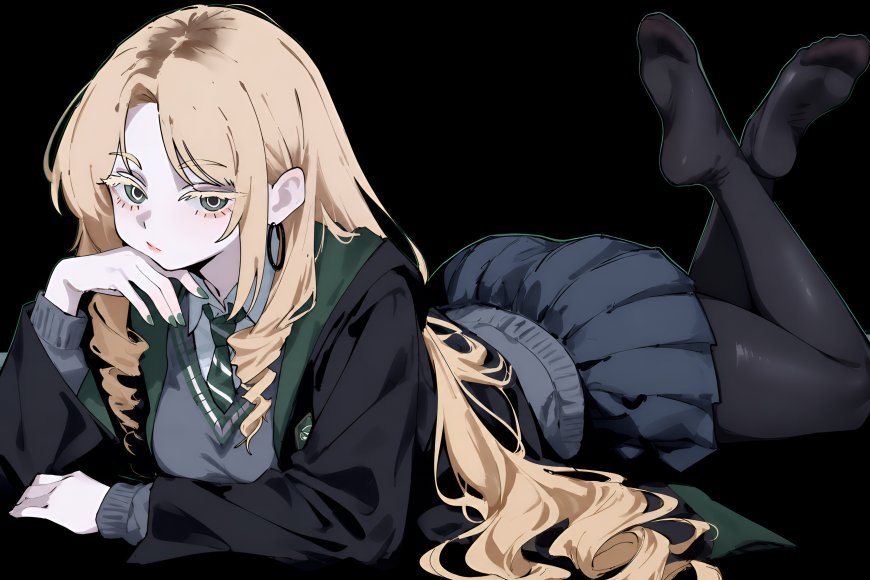 哈利波特德拉科·马尔福金发绿眸校服少女侧卧托腮暗黑动漫电脑壁纸