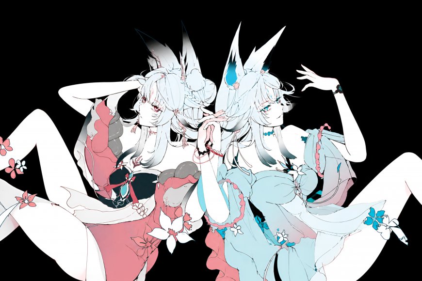 双生狐耳少女红蓝服饰花瓣点缀粉蓝动漫电脑壁纸