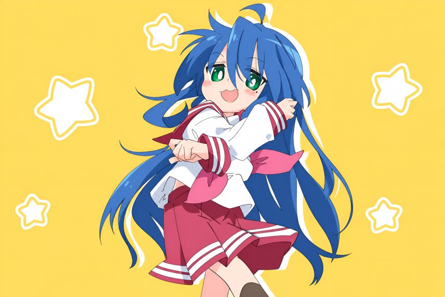 幸运星泉此方蓝发绿眼少女活泼跳跃明黄动漫电脑壁纸