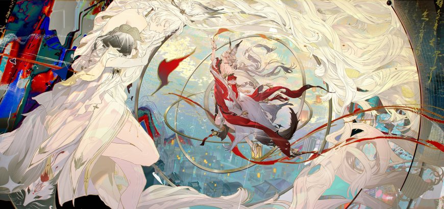 阴阳师八岐大蛇与式神战斗场景白红金幻彩动漫电脑壁纸