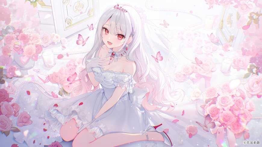 银发红瞳少女婚纱礼服粉紫梦幻动漫电脑壁纸