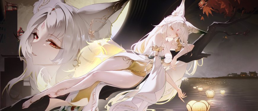 原神八重神子白发狐耳红瞳月夜河灯唯美动漫电脑壁纸
