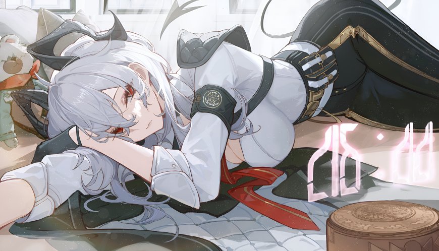 赞妮《鸣潮》白发红瞳侧卧慵懒姿态粉紫光影动漫电脑壁纸