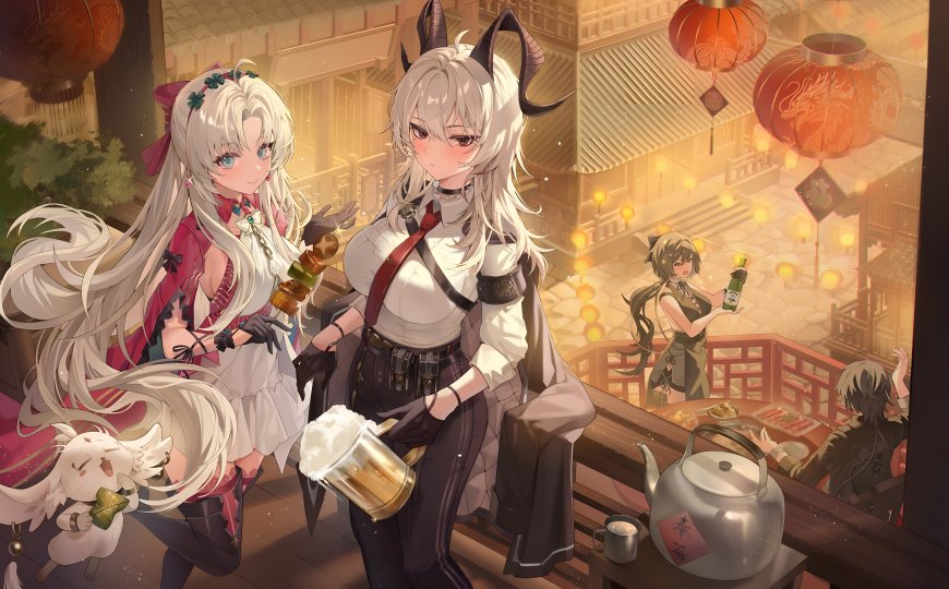 赞妮与珂莱塔《鸣潮》夜市共饮暖金动漫电脑壁纸
