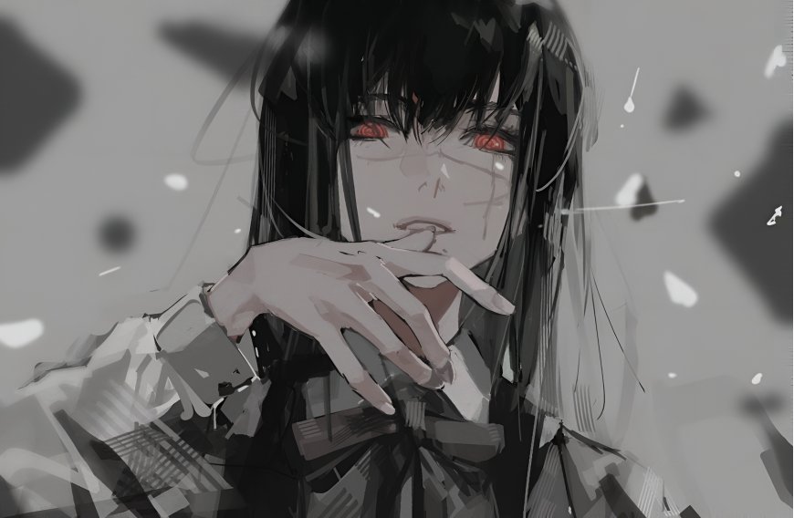 《电锯人》黑发红瞳少女手掩唇灰白暗调动漫电脑壁纸