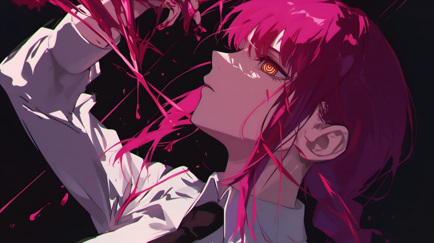 《电锯人》玛奇玛粉发少女仰望血色飞溅暗紫奇幻电脑壁纸