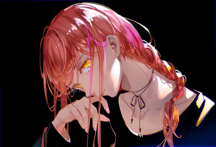 《电锯人》玛奇玛红发金瞳少女侧颜低垂紫粉光效唯美动漫电脑壁纸