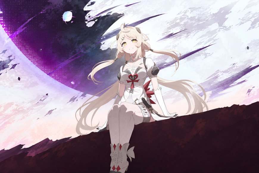 《绝区零》菲尼克斯·雷法拉金发双马尾少女坐崖边紫白星穹背景动漫电脑壁纸