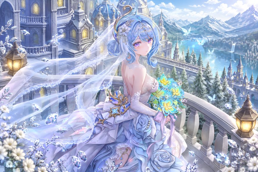 《原神》奥黛特蓝发少女婚纱持花城堡雪峰背景蓝紫梦幻动漫电脑壁纸