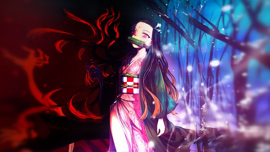 鬼灭之刃祢豆子红黑长发竹筒封口粉白和服少女动漫电脑壁纸