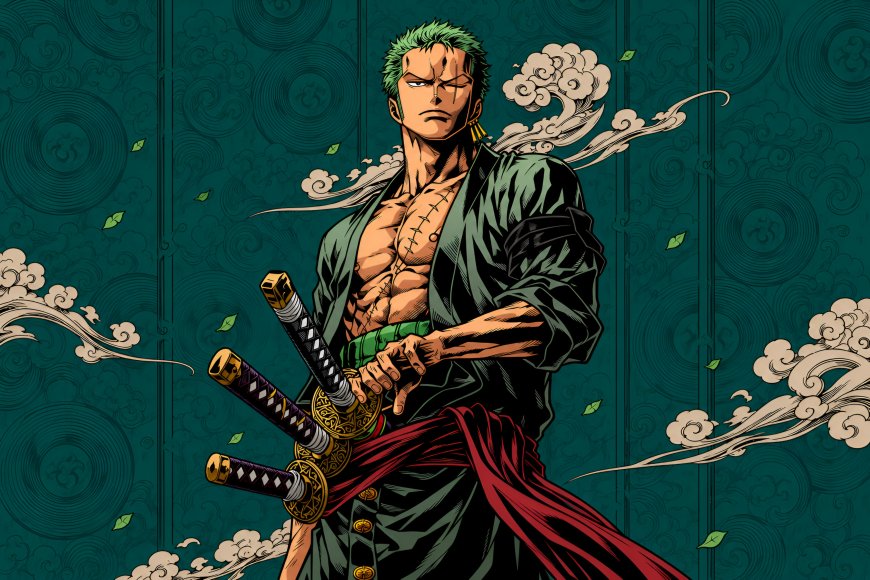 海贼王罗罗诺亚索隆绿发三刀流青绿背景动漫电脑壁纸