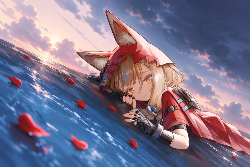 狐耳少女海面漂浮红瓣粉紫动漫电脑壁纸