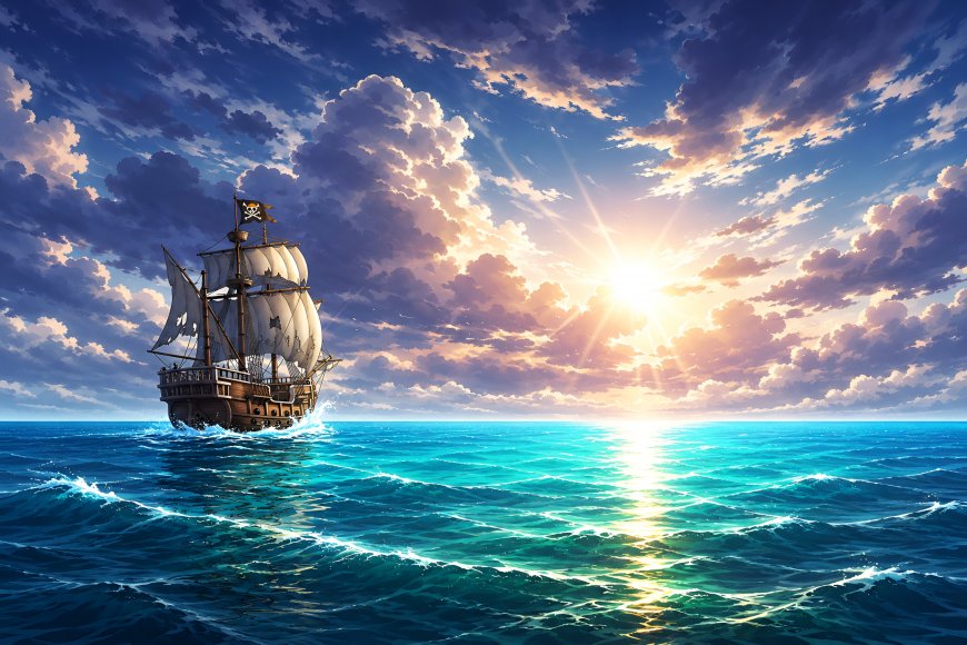 加勒比海盗风格帆船破浪航行蓝金海天奇幻风景电脑壁纸