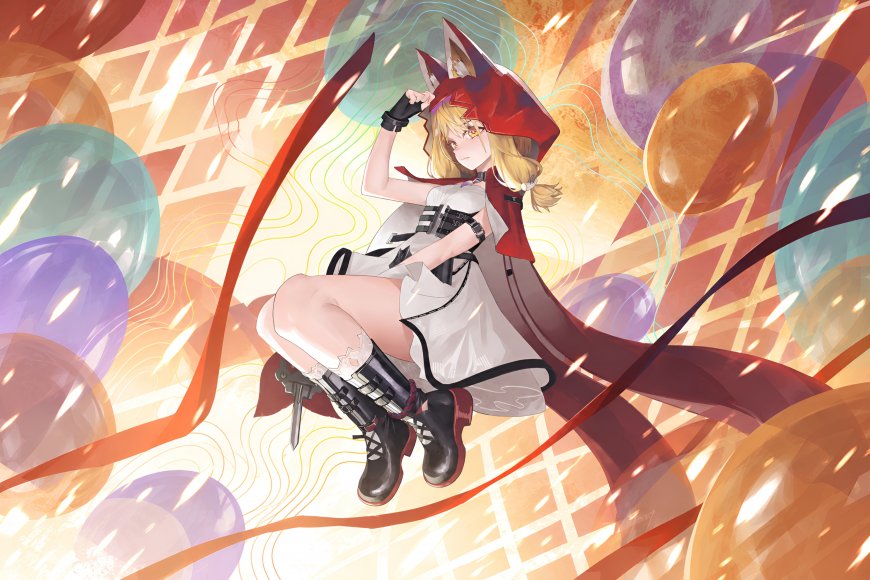 明日方舟Rossi红帽白裙少女动感飘带橙紫渐变动漫电脑壁纸