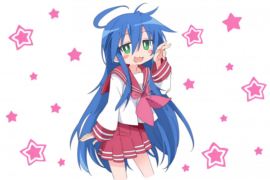 幸运星泉此方蓝发绿眼水手服比耶粉星点缀动漫电脑壁纸