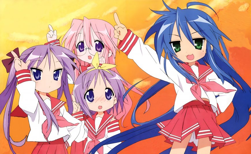 幸运星四位少女水手服活力指天橙黄动漫电脑壁纸