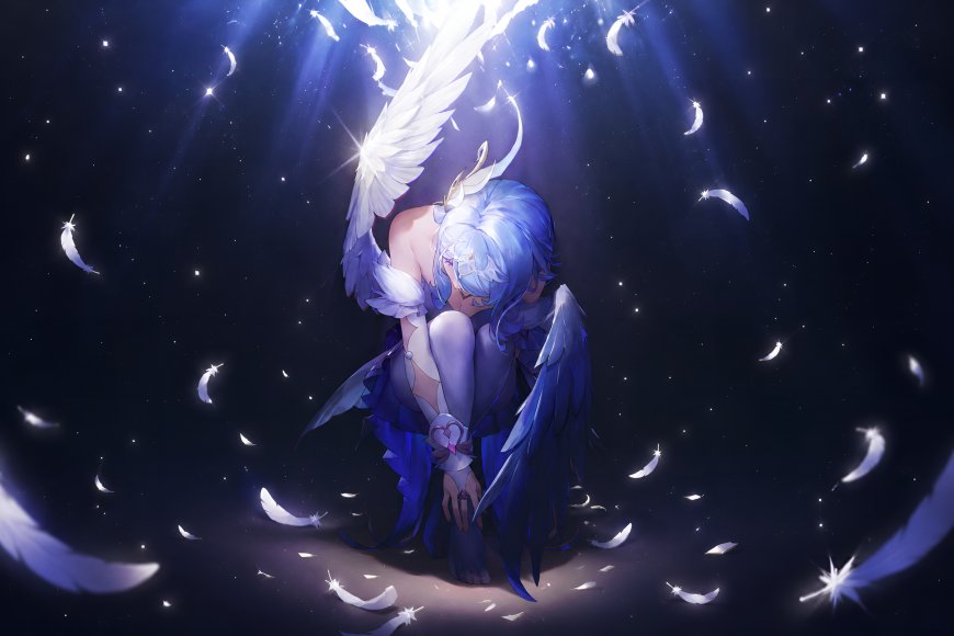 原神奥黛特蓝发天使羽翼跪坐星光羽毛飘散蓝紫梦幻动漫电脑壁纸