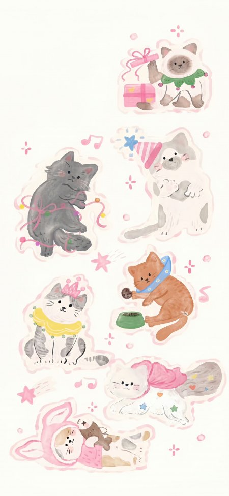 可爱猫猫贴纸风多姿态萌宠粉紫温馨插画手机壁纸