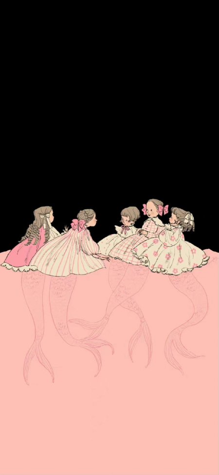 五位粉裙美人鱼少女围坐黑底粉海梦幻插画创意手机壁纸