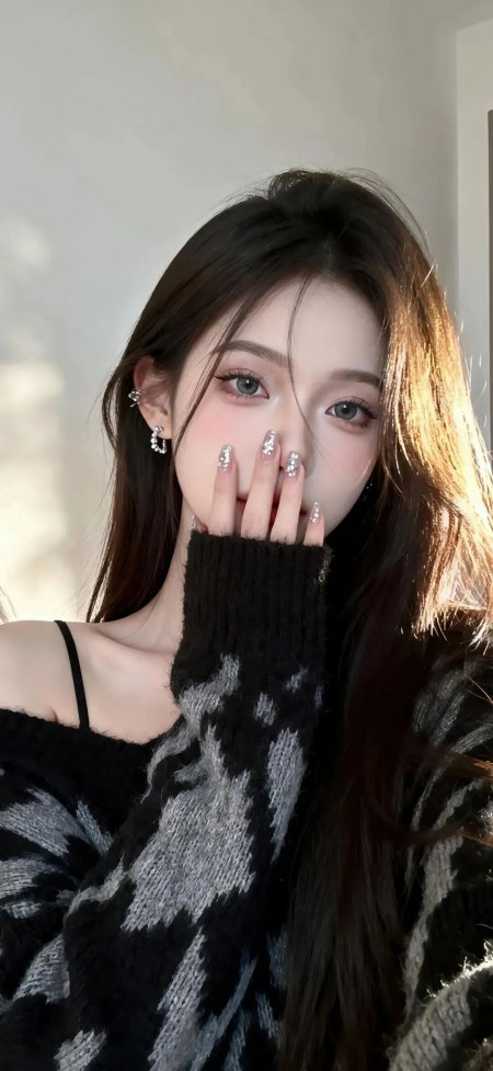 长发蓝眸美女手掩唇黑灰毛衣暖光人物摄影手机壁纸