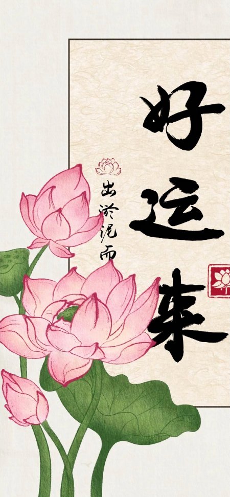 粉色莲花绽放绿叶衬托好运来书法古风手机壁纸