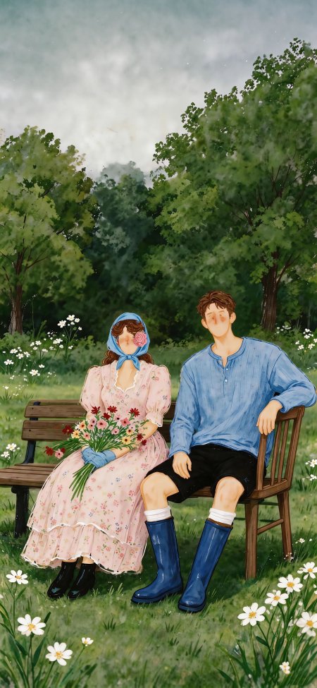 雨中公园长椅情侣少女持花男子蓝衣绿意盎然清新唯美插画手机壁纸