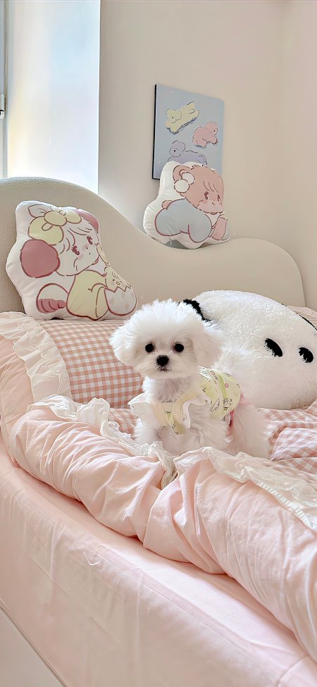 白色比熊犬穿蕾丝小衣坐粉格床单可爱狗狗萌宠手机壁纸